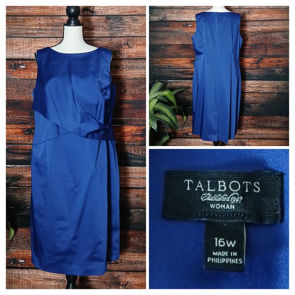 Talbots Dress Plus Size 16 W Royal Blue Satin Sheath Draped Waist Formal